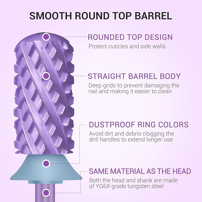 MelodySusie Safety Nail Drill Bits, 3/32'' Smooth Round Top Large Barrel Carbide Bits, Suitable for Manicure Pedicure Cuticle Gel Polishing, Beginners Bits, Purple, Series Bit-S, 4XC