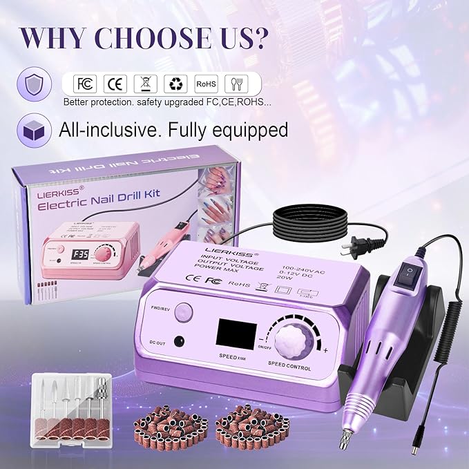 Electric Nail File Nail Drill Professional 35000RPM Nail Dril Electric E Filer for Nails with 100pcs Sanding Bands and Nail Drill Bits for Acrylic, Gel Nail Manicure & Pedicure