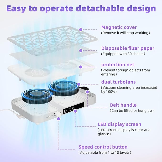 Nail Dust Collector,Professional Dust Collector Nail Tech（Wired）, 1600PA Portable Nail Vacuum with 10 Speeds & 30 Disposable Filters,Suitable for Home & Salon – Low Noise, Quick Heat Dissipation