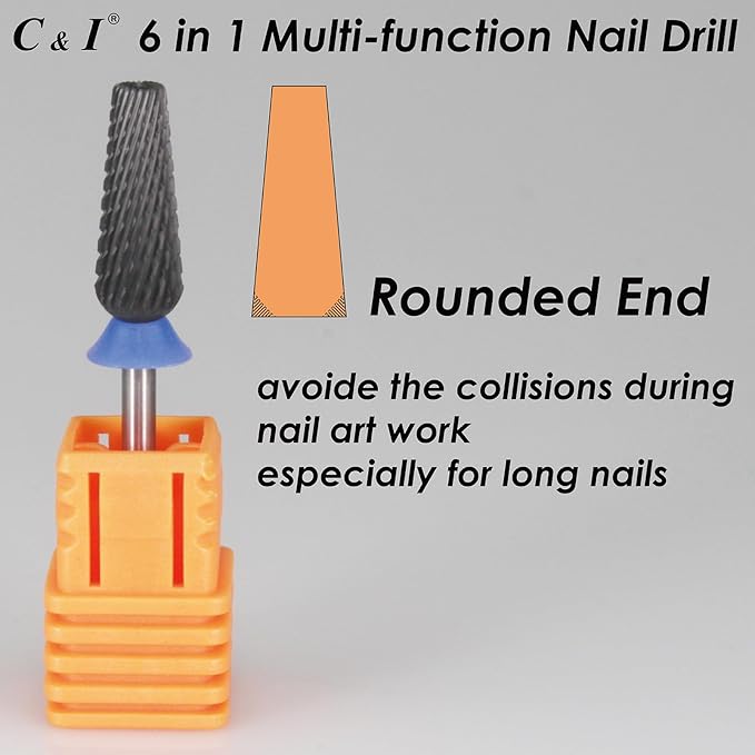 C & I Nail Drill Bit 6 in 1 Multi-function Rounded End E-file, Diamond Coat, CNC Overall Cut Nail Tools for Nail Techs Quick Remove Acrylic Nail Gels & Nail Art (Special Coat, Middle -M)