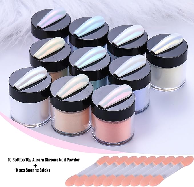 Pearl Chrome Nail Powder Kit 10 Boxes 10g Unicorn Mermaid Chrome Powder for Nails Art Decoration Iridescent Aurora Nail Glitter for Gel Polish DIY Summer Rubbing Dust for Home DIY Nail Salon Manicure