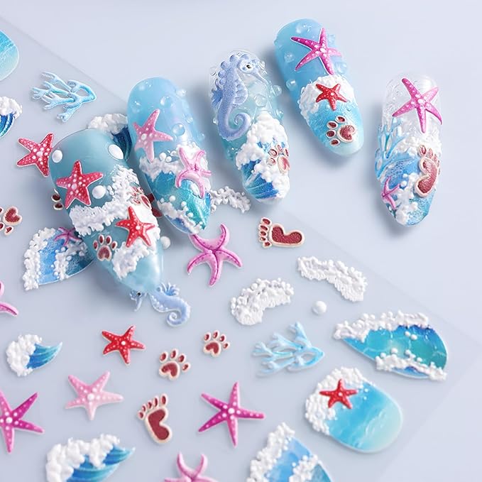 1 Sheets Ocean Style Nail Decals for Nail Art Embossed Coral Seahorse Starfish Nail Art Stickers Summer Beach Nail Stickers 5D Self-Adhesive Sea Waves Nail Decoration for Women Nails Designs