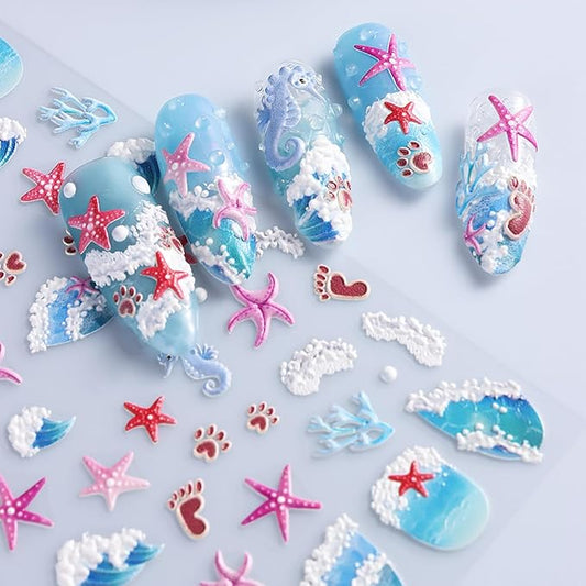 1 Sheets Ocean Style Nail Decals for Nail Art Embossed Coral Seahorse Starfish Nail Art Stickers Summer Beach Nail Stickers 5D Self-Adhesive Sea Waves Nail Decoration for Women Nails Designs