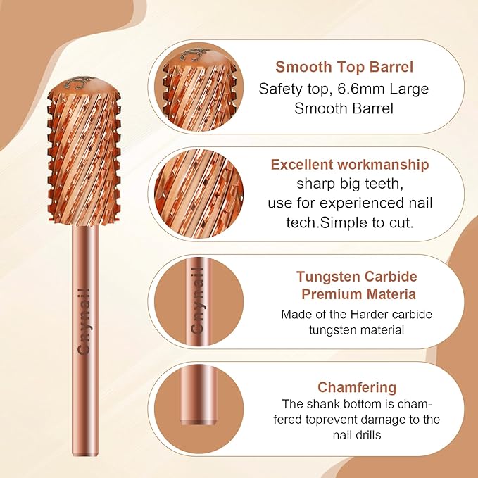 3/32" Large Barrel Smooth Round Top Tungsten Carbide Nail Drill Bit Safety Bit for Gel & Acrylic Removal, 2-Way Rotating Efile Tip, Salon Electric File Accessory (2XC Grit, Rose Gold)