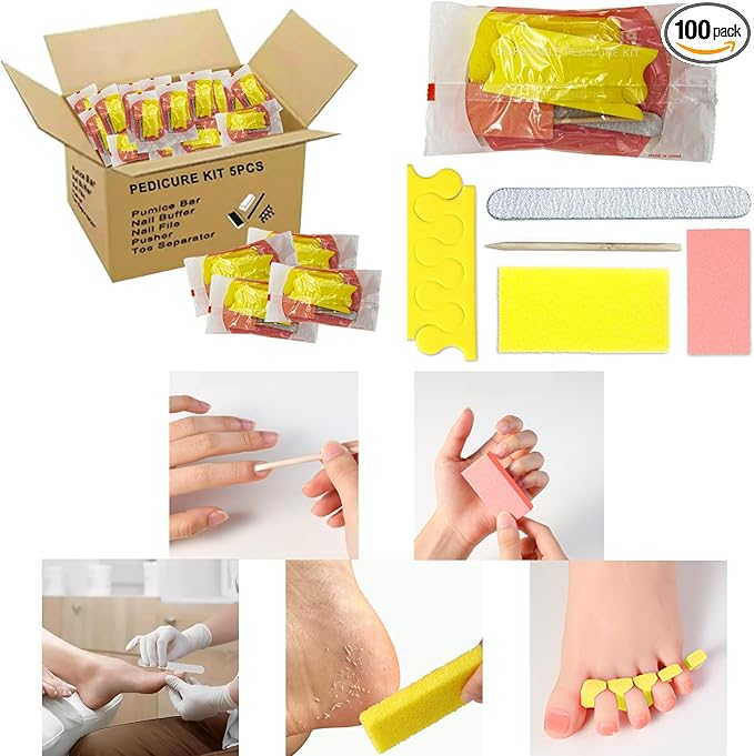 Disposable Pedicure Kit 5-in-1, 100 Counts - Nail Buffer, Pumice Pad, Nail File (100/180 Grit), Wood Stick and Toe Separators - Complete Pedicure Kit for Salon or Home Use