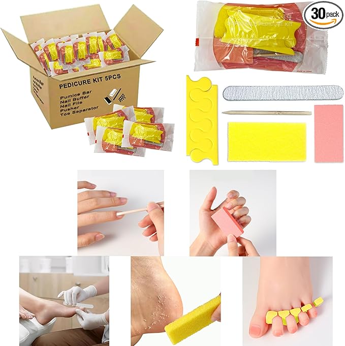Disposable Pedicure Kit 5-in-1, 30-Counts - Nail Buffer, Pumice Pad, Nail File (100/180 Grit), Wood Stick and Toe Separators - Complete Kit for Salon or Home Use