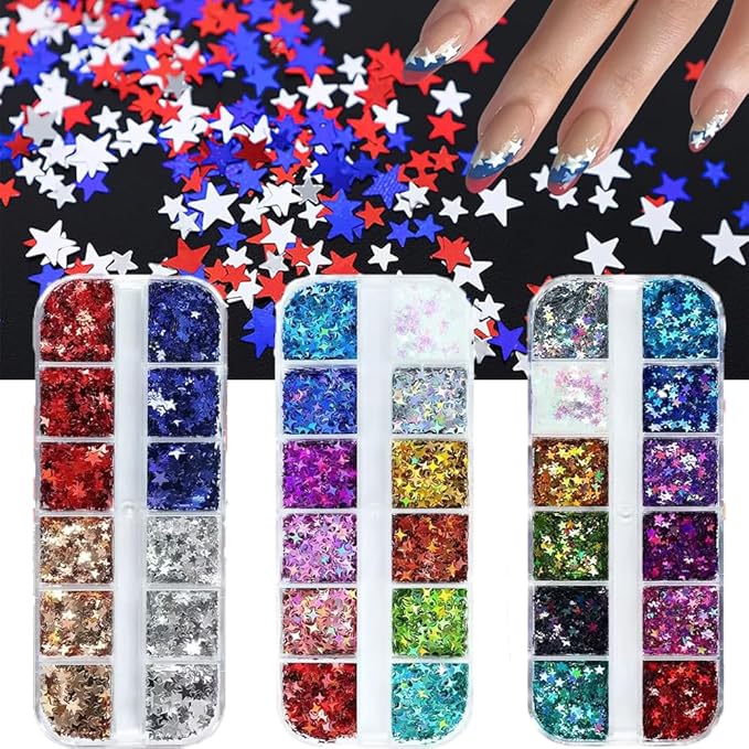 Star Glitter Nail Sequins, 3 Boxes Holographic Star Nail Art Flakes Red Blue Glitter Sticker Decals Independence Day Nail Sequins Manicure DIY 4th July Decorations 36 Styles