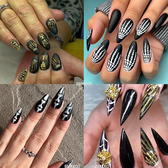 3Pcs 5D Embossed Halloween Nail Stickers Self Adhesive Hand Bone Rose Flower Nail Decals Scary Pink Skeleton Nail Art Stickers Gold White Claw Skull Nails Design Halloween Sticker for Women Manicure