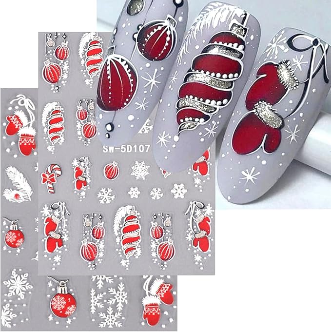 5D Embossed Christmas Nail Stickers for Nail Art - Lantern Nail Art Stickers Xmas Glove Snowflakes Nail Decals Cartoon Feather Nail Supplies for Women DIY Manicure Decorations 2 Sheets