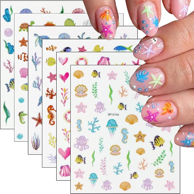 6Pcs Summer Nail Stickers for Nails Art 3D Self Adhesive Beach Nail Decals Tropical Octopus Crab Sea Turtle Shell Design Ocean Nail Supplies Accessories Seahorse Starfish Nail Art Stickers for Women