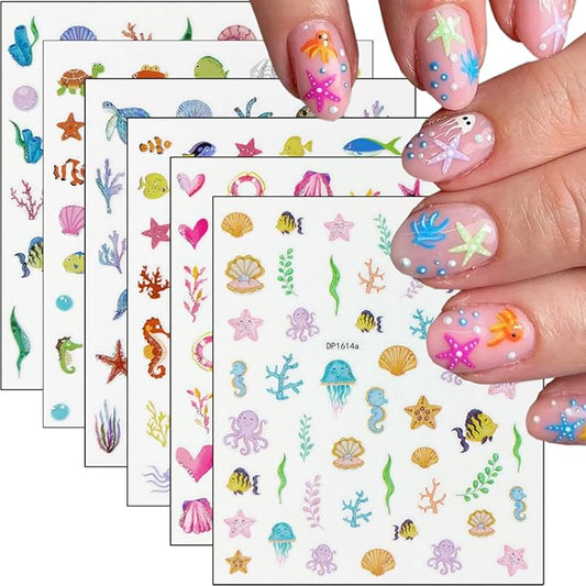 6Pcs Summer Nail Stickers for Nails Art 3D Self Adhesive Beach Nail Decals Tropical Octopus Crab Sea Turtle Shell Design Ocean Nail Supplies Accessories Seahorse Starfish Nail Art Stickers for Women