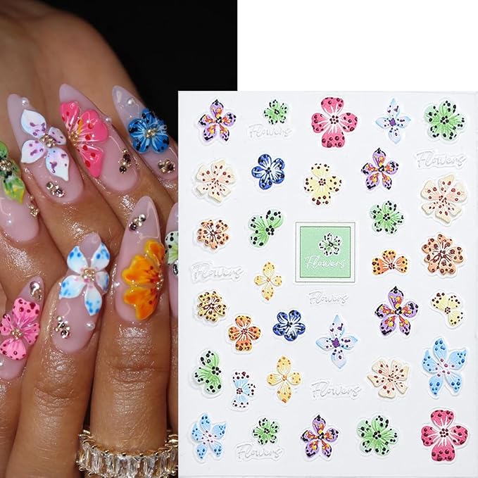6 Sheets 5D Embossed Nail Art Stickers Colour Hibiscus Nail Decals Self-Adhesive Cute Floral Nail Decor Hawaiian Hibiscuss Flower Nail Design Stickers Summer Nails Supply for Women DIY Manicure
