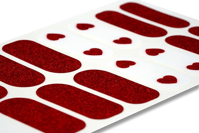 | 20 Exquisite Gel Nail Polish Strips w/Application Accessories - No UV/LED Lamp Required (Hearts & Red Glitter)