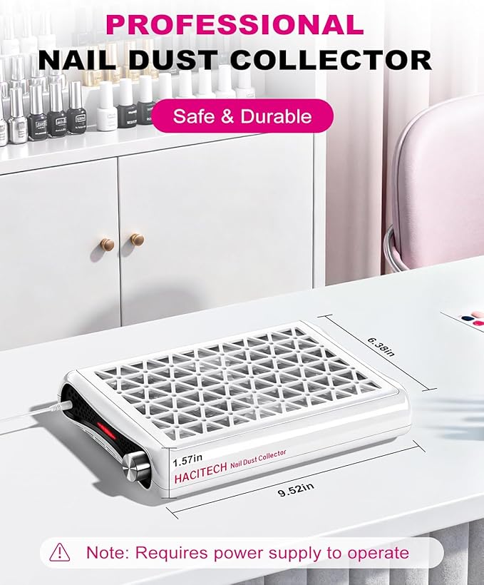 Nail Dust Collector | 1600PA Strong Suction, 10-Level Adjustable Speed, 30 Filter Paper Included | Salon & Home Dust Collector Nail Tech