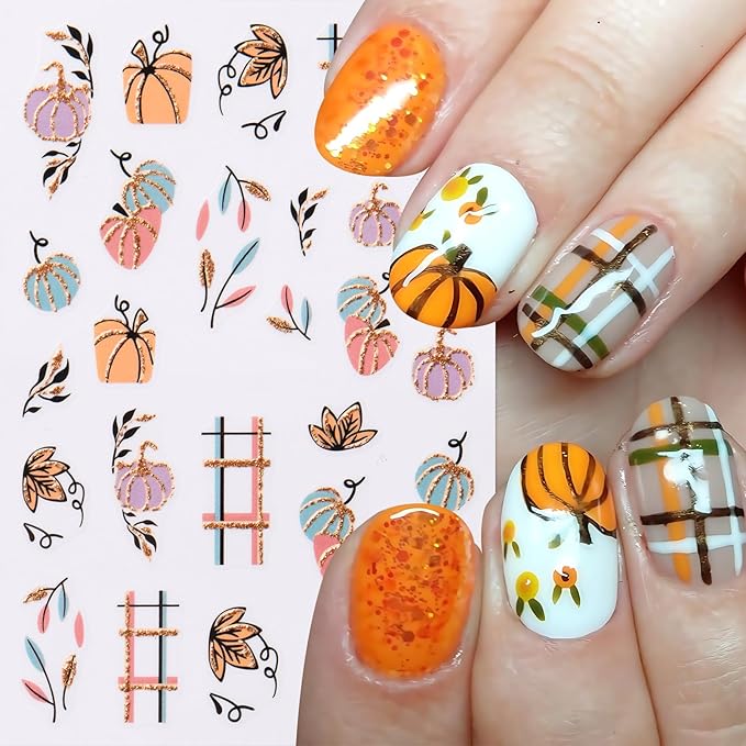 8 Sheets Fall Nail Art Stickers Autumn Maple Leaf Pumpkin Nail Sticker 3D Self-Adhesive Nail Decals Gold Glitter Plaid Pumpkin Nail Designs Thanksgiving Holiday DIY Manicure Decor Sticker for Women