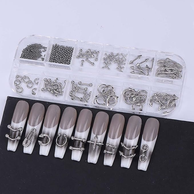 Metal Punk Nail Art Studs: 12 Grids Mixed Sizes Rivet Steel Beads Cross Nails Charms with Tweezers and Pen- Y2K Alloy Ring Gothic Nail Accessories for Women - DIY Craft Decoration Manicure Supplies
