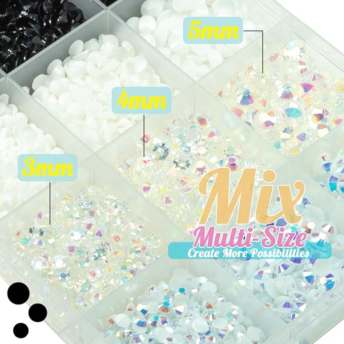 Pure Black White Jelly Resin Rhinestones for Crafting 3mm 4mm 5mm Flatback Transparent White AB Stones Bulk No-Hotfix Resin Gems Diamonds Crystals for Nails Eyes Face Makeup DIY Crafts Tumblers
