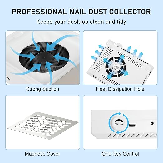 Nail Dust Collector, Professional Dust Collector Nail Tech with Reusable Filter, Adjustable Speed Nails Extractor Vacuum, Powerful Vacuum Cleaner for Acrylic Nails Polishing Manicure Salon, Low Noise