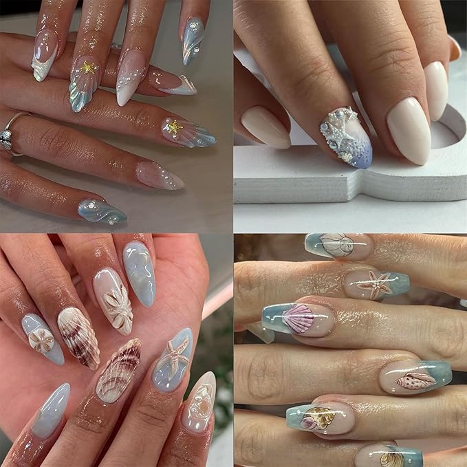 2 Sheets Summer Nail Art Stickers 5D Embossed Beach Shell Starfish Cute Dolphin Mermaid Pearl Jellyfish Designs Self Adhesive Nails Supplies Blue Summer Sea Theme Manicure Decorations for Women