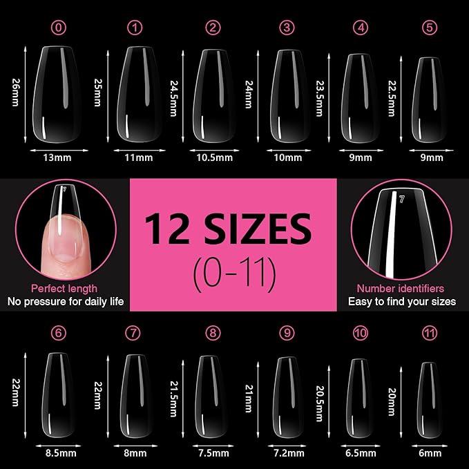 Medium Square Nail Tips 500PCS, Clear Acrylic Full Cover Gel Press on Nail Tips for DIY, 10 Sizes Pre-Shaped False Nails with Glossy Finish, Professional Manicure Kit & Easy Application