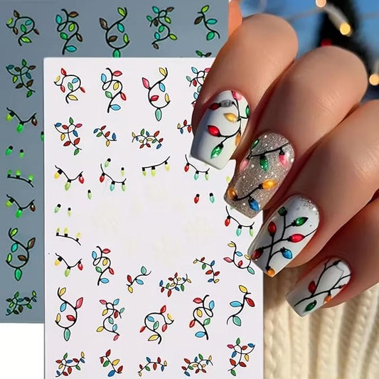 6PCS Christmas Nail Art Stickers Luminous Christmas Nail Decals Xmas Tree Light String Nail Art Supplies 3D Self-Adhesive Nail Stickers Colorful Light Nails Accessories for Women Xmas Nails Decoration