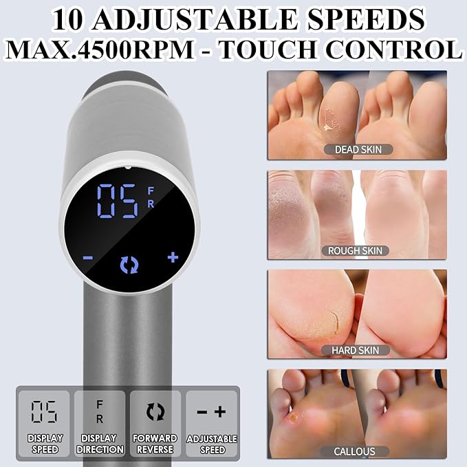 Upgraded Electric Callus Remover for Feet 4500rpm, Adjustable Speed Electric Foot Callus Remover Foot Sander Grinder Pedicure File for Women Men Dead Skin Cracked Heels (Gray)