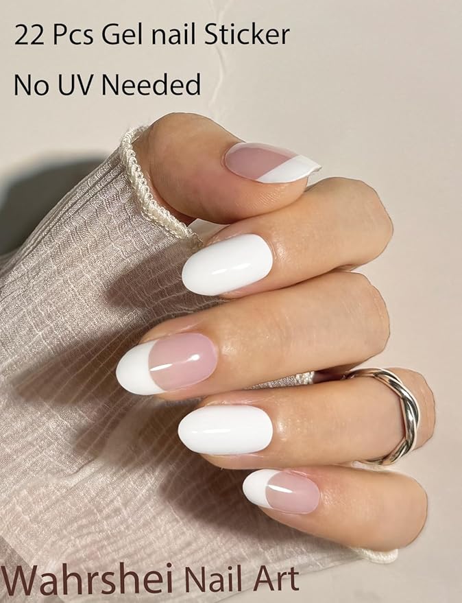 Gel Nail Strips No UV, French White, UV Free, Long Lasting Gel Stickers - Contains 22 Wraps, 1 Prep Pad, 1 File