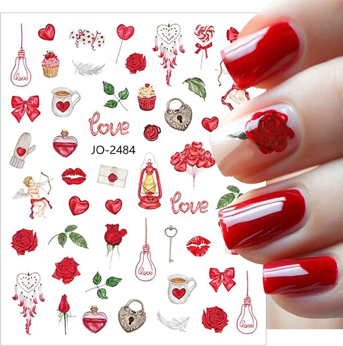 6 Valentine's Day Nail Art Stickers 3D Self-Adhesive Sexy Lips Nail Stickers Red Love Rose Kiss Angel Letter Heart Shape DIY Nail Design Decoration Women's Valentine's Day