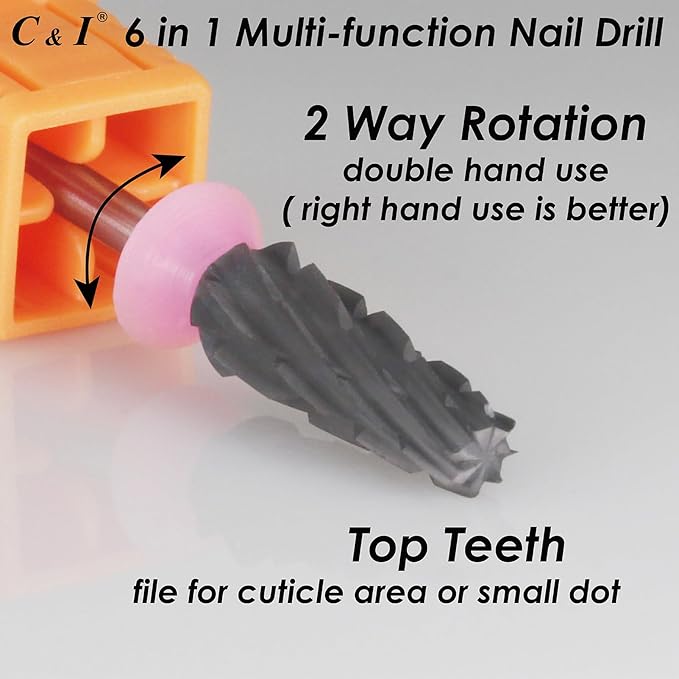 C & I Nail Drill Bit 6 in 1 Multi-function Rounded End E-file, Diamond Coat, CNC Overall Cut Nail Tools for Nail Techs Quick Remove Acrylic Nail Gels & Nail Art (Special Coat, Triple Coarse -3XC)