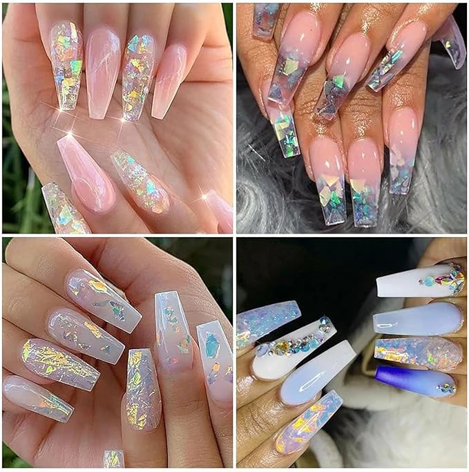 12 Grids Flaky Nail Art Glitter Sequins 3D Holographic Acrylic Nail Art Flakes Irregular Mermaid Nail Glitters Colorful Fluorescent Glass Paper Nail Sequins Women Party DIY Nail Beauty Accessories