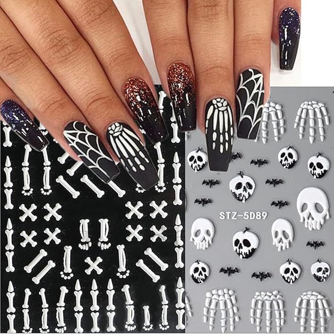 8 Sheets Halloween Nail Art Stickers - Goth Ghost, Skeleton Skull Spider Nail Decals - 3D, 5D Black Wing Nail Supplies - DIY French Manicure