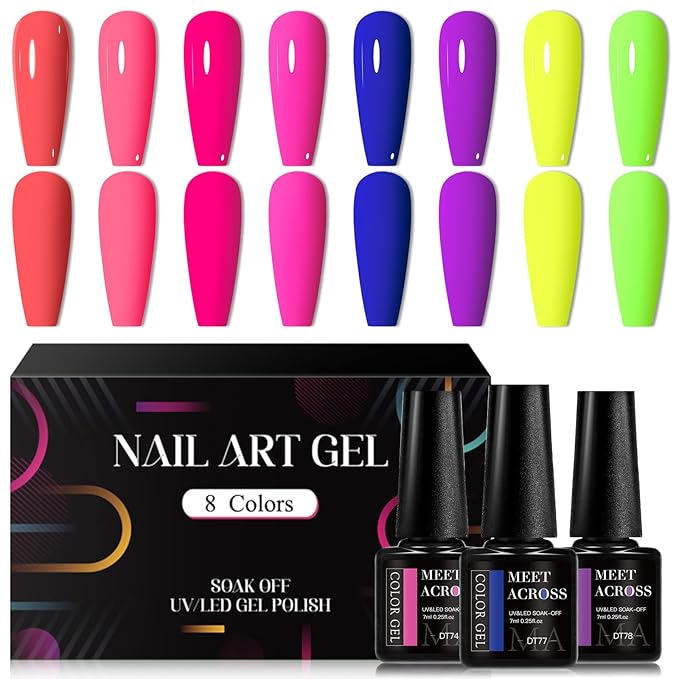 MEET ACROSS Neon Gel Nail Polish Set, 8 Colors Fluorescent Hot Pink Orange Blue Yellow Green Purple Red Rose Spring Summer Nail Polish Kit for Halloween