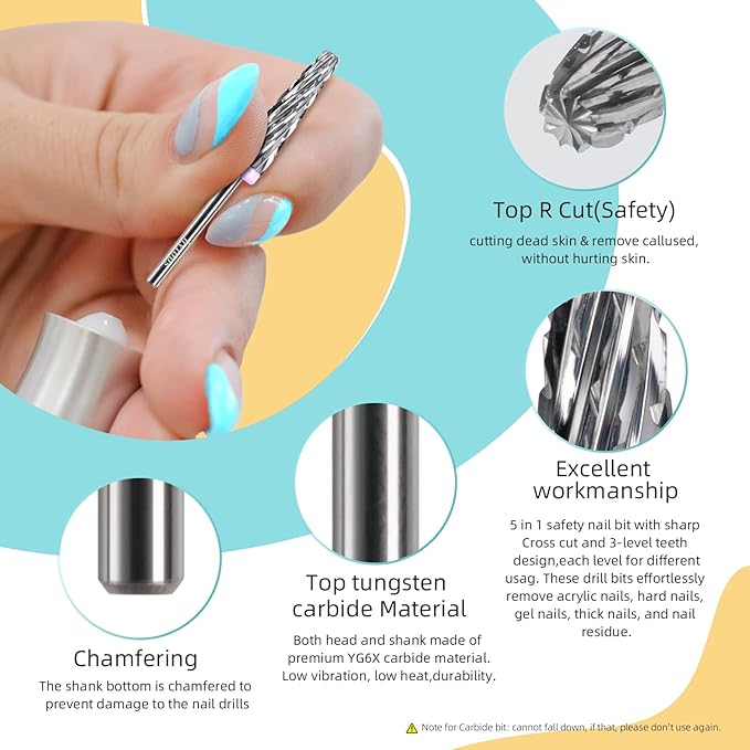 5 in 1 Nail Drill Bits, 24mm Super Long Carbide Tapered Nail Bit, 3/32" Two-way Rotate Acrylic Drill Bits for Nails, Removal Gel Electric Drills File Manicure Accessories (3XC)