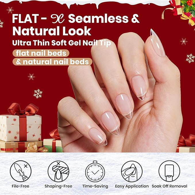 Beetles Gel Nail Kit Flat-X Christmas Limited Set, Almond Short , 320pcs 16 Sizes, with 15g Hands-free Solid Nail Glue Gel, Mini Lamp, Pre-Etched Half Matte Nail Extension Set for Home DIY