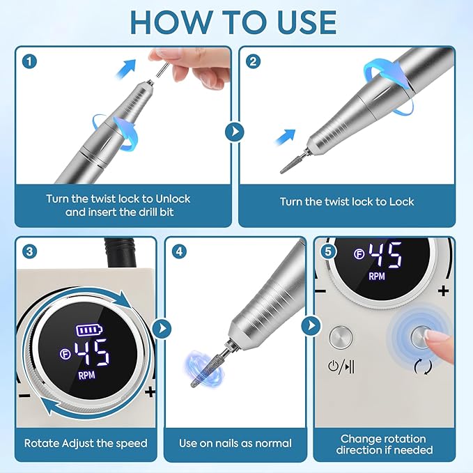 Professional Electric Nail Drill File 45000RPM, Cordless Nail E-File Machine with 7 Drill Bits, 56 Sanding Bands & Base, Portable Rechargeable Nail Drills for Acrylic Nails Gel Polishing (White)