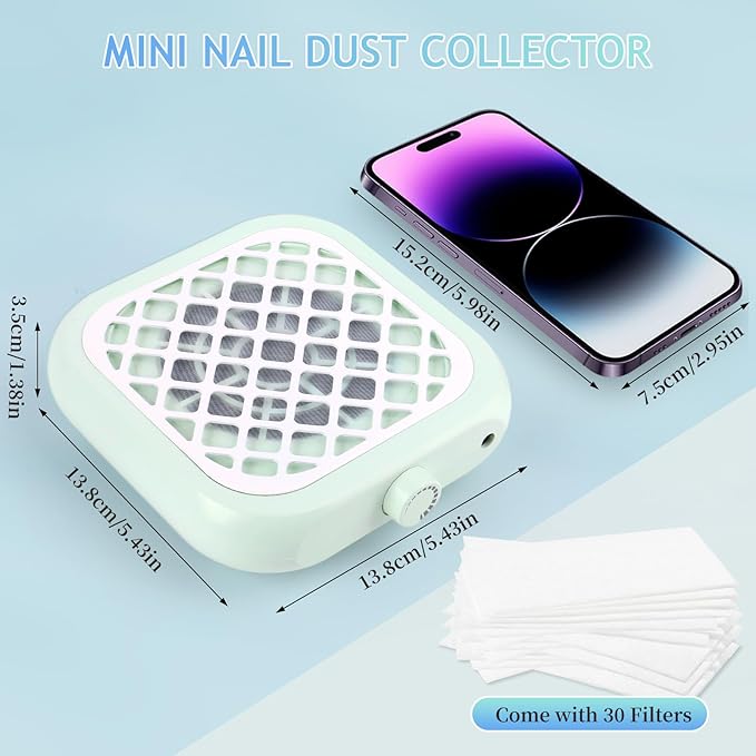Mini Nail Dust Collector, Compact Nail Vacuum Fan Dust Collector for Beginner with 30PCS Filter Pads, Powerful Dust Suction Machine for Acrylic Nail Polishing Salon Home, Plug-in (Green)