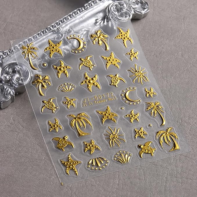 Summer Nail Art Stickers Decals Palm Tree Starfish 5D Embossed Nail Decals 2PCS Golden Coconut Tree Turtle Moons Summer Nails Design Adhesive Sticker Nail Art Supplies for Women Manicure Decorations