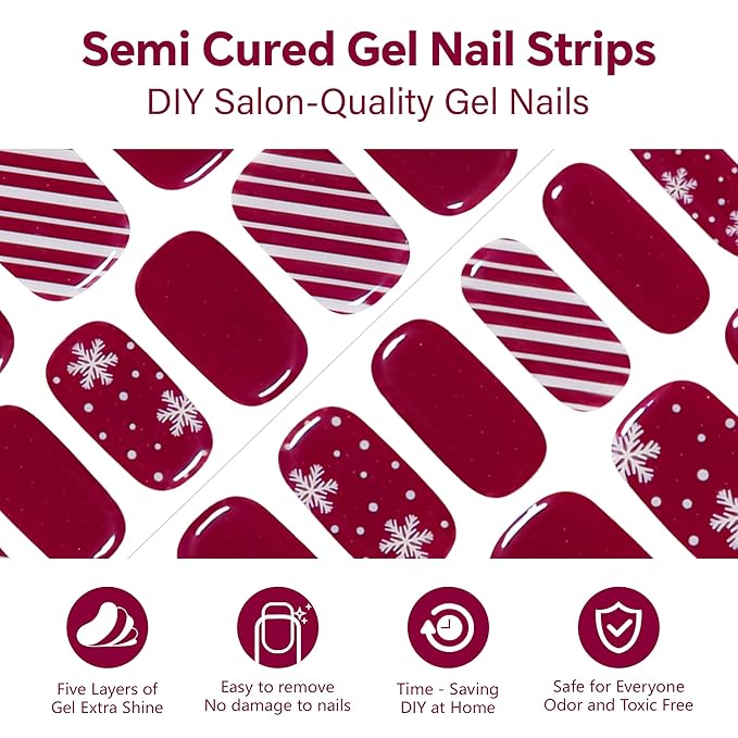 Semi Cured Gel Nail Strips-Works with Any UV/LED Lamps(Maroon Snowflake)