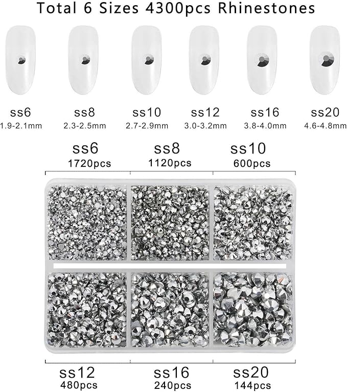 Beadsland 4300pcs Flatback Rhinestones,Silver Rhinestone Nail Gems Round Crystal Rhinestones for Crafts,Mixed 6 Sizes with Picking Tweezers and Wax Pencil Kit, SS6-SS20,Silver Hematite
