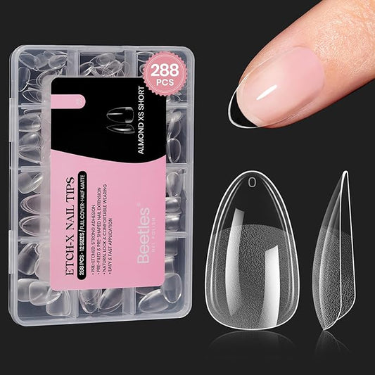 Beetles Extra Short Almond Nail Tips, 12 Sizes 288 PCS Pre-Shaped Clear Full Cover Etch Gel Nail Tips Clear Acrylic Nails Glue on Nails for Girls Women Nail Art Design,Nail Glue Needed