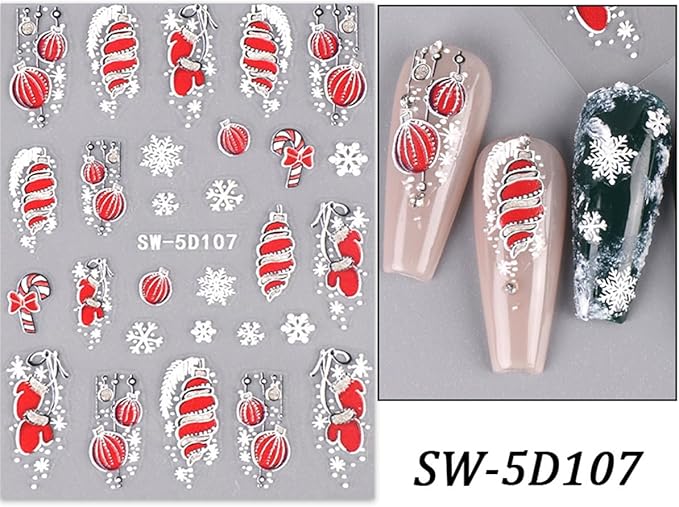 5D Embossed Christmas Nail Stickers for Nail Art - Lantern Nail Art Stickers Xmas Glove Snowflakes Nail Decals Cartoon Feather Nail Supplies for Women DIY Manicure Decorations 2 Sheets