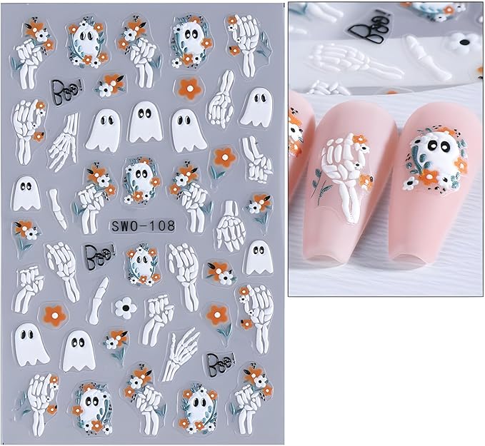 4 Sheets Halloween Nail Art Stickers Ghost Nail Art Stickers 5D Self-Adhesive Spider Nail Decals with Flower Design Pumpkin Black Cat Nails Art Spider Web Nail Supplies for Women