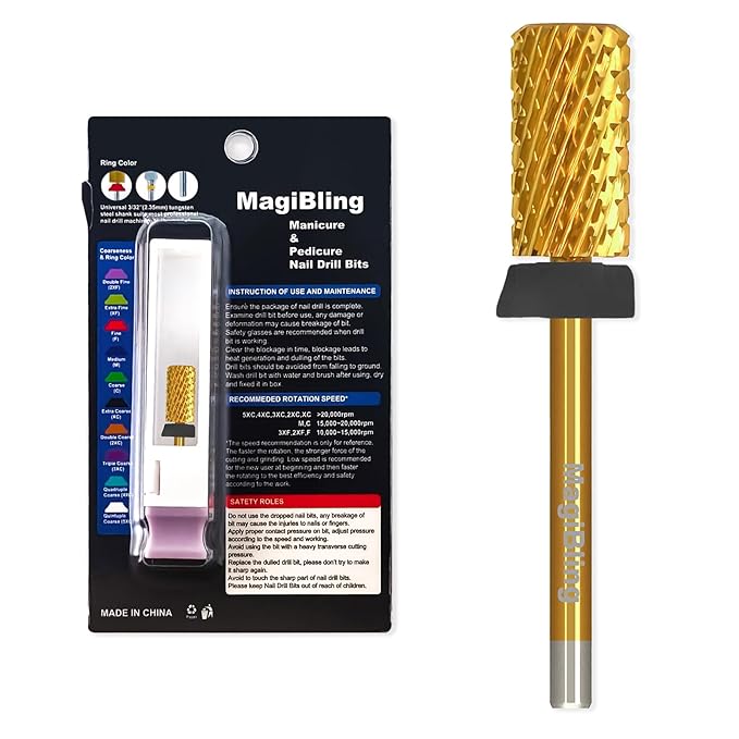 Super Cut Large Barrel Nail Drill Bits, 3/32'' Professional Tungsten Carbide Bits, Remove Hard and Soft Gel Fast, Right Hand Use, Manicure Pedicure Cuticle Gel Polishing, Gold Color, Extra Fine.