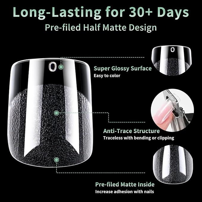 Extra Short Square Nail Tips, 216pcs Acrylic Soft Fake Nails Gel Nail Tips, Full Cover Pre-Shaped Matte Clear Press on Nails for Extension, Diy at Home Manicure 12 Sizes