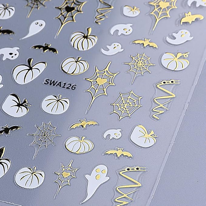 Halloween Pumpkin Nail Art Stickers Decals Fall Maple Leaf Nail Decals 4PCS Ghost Spider Web Bat Fall Leaves Halloween Nails Design 3D Self-Adhesive Nail Stickers for Women DIY Nail Art Decorations