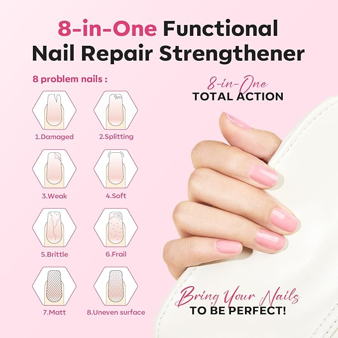 modelones Nail Strengthener Jelly Pink Nail Polish Repair 8-in-One Nail Ridge Filler Nail Strengthener and Growth for Damaged Nails 15ml