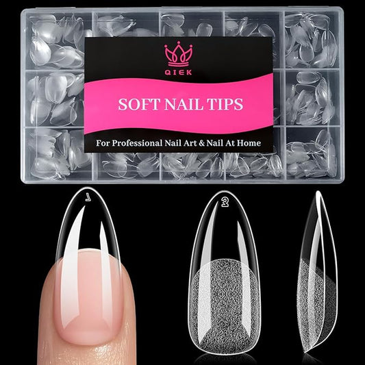 Medium Almond Fake Nail Tips, 15 Sizes 240 PCS Clear Half Matte Press On False Nail Tips Pre-shaped Full Cover Gel Nail Acrylic Soft Tips Extensions Thick Long Lasting for Home DIY Nail Salon