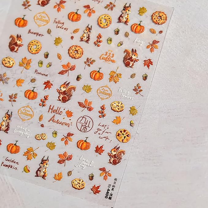 Fall Nail Art Stickers 5D Embossed Self Adhesive Maple Leaf Pumpkin Nails Decals 1PCS Autumn Cute Squirrel Pine Cones Fallen Leaves Design Thanksgiving Nail Stickers for Women DIY Manicure Accessories