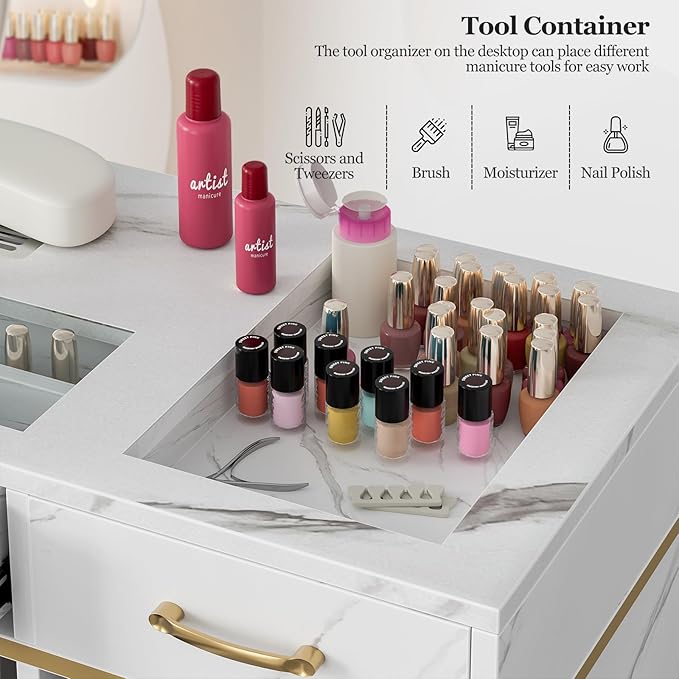 Nail Tech Table with Dust Collector, Glass Top Manicure Table Nail Desk Station w/7 Drawers & 3-Tiers Open Shelves, Nail Beauty Workstation w/Wrist Cushion & Golden Handles（Marble Color）