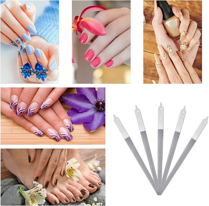 6Pcs Metal Nail Files Nail File Diamond Dust for Natural Nails Stainless Steel Nail Files with Pointed Tip Non Slip Handle Fingernail Files Diamond Nail File for Salon and Home, 8 Inches